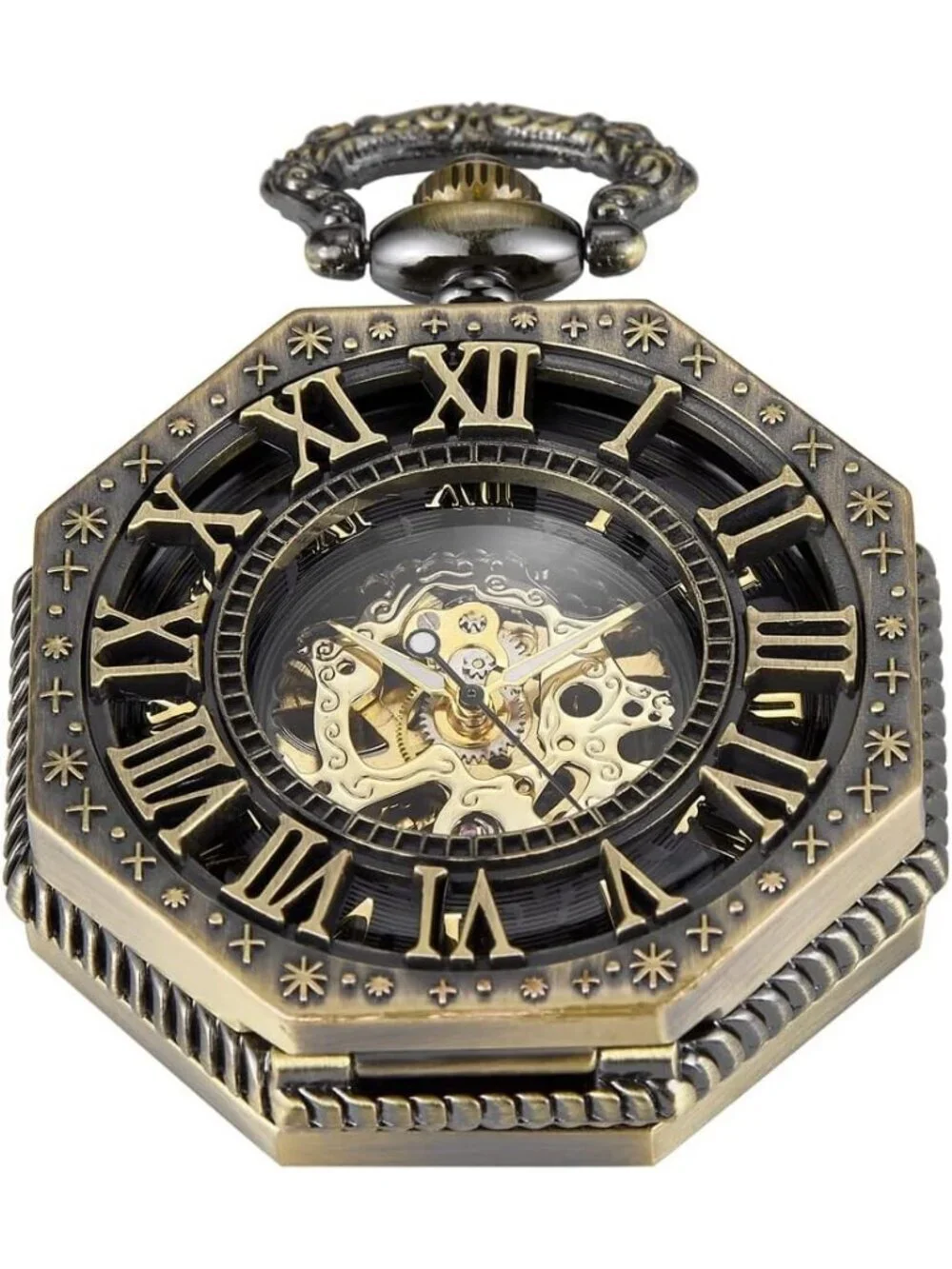 Men Black Retro Skeleton Roman Numerals Hollow Mechanical Octagonal Pocket Watch